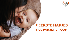 GGD Zuid Limburg met de titel “Eerste hapjes. Hoe pak je het aan.” De banner toont een foto van een moeder die met haar gezicht dicht bij het gezicht van haar baby is. De baby lacht en is blij. Rechtsboven is het logo van GGD Zuid Limburg zichtbaar. Deze afbeelding beschikt over een link naar Youtube